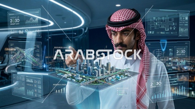رجل سعودي يتفاعل مع هولوغرام مدينة الرياض المستقبلية