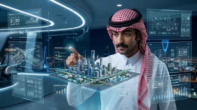 رجل سعودي يتفاعل مع هولوغرام مدينة الرياض المستقبلية