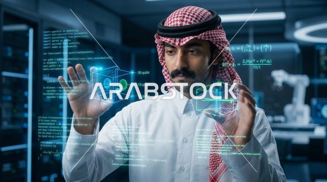 رجل سعودي يتفاعل مع واجهات هولوغرام تقنية متطورة جداً