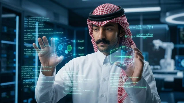 رجل سعودي يتفاعل مع واجهات هولوغرام تقنية متطورة جداً