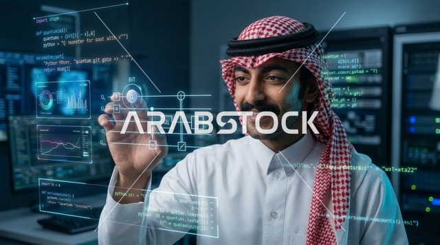مهندس سعودي يتفاعل مع هولوغرام تقني في غرفة خوادم