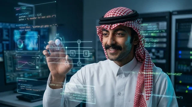 مهندس سعودي يتفاعل مع هولوغرام تقني في غرفة خوادم