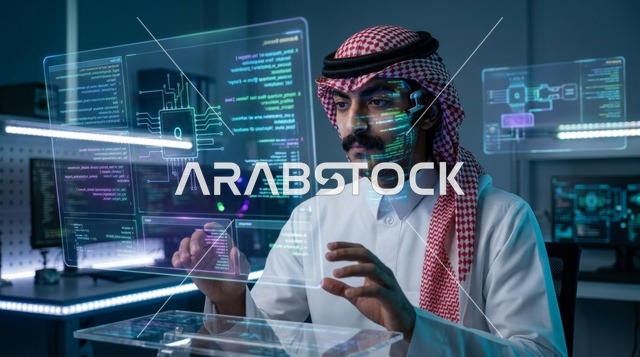 رجل سعودي يتفاعل مع شاشة هولوغرام ذكية في مختبر تقني