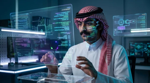 رجل سعودي يتفاعل مع شاشة هولوغرام ذكية في مختبر تقني