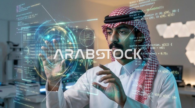 رجل سعودي يتفاعل مع واجهة هولوغرام رقمية متطورة