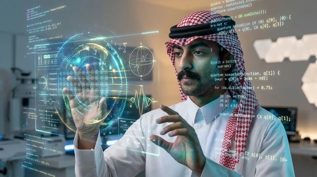رجل سعودي يتفاعل مع واجهة هولوغرام رقمية متطورة