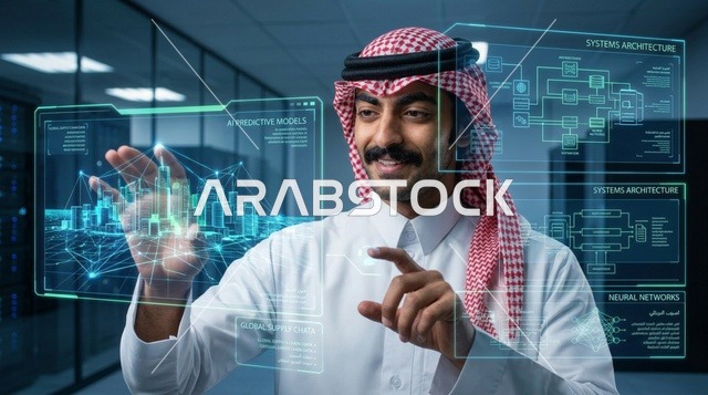مهندس سعودي بالثوب يتفاعل مع شاشات هولوغرام ذكية
