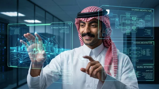 مهندس سعودي بالثوب يتفاعل مع شاشات هولوغرام ذكية