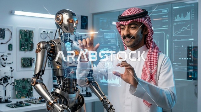 مهندس سعودي يتفاعل مع روبوت بشري في مختبر تقني متطور