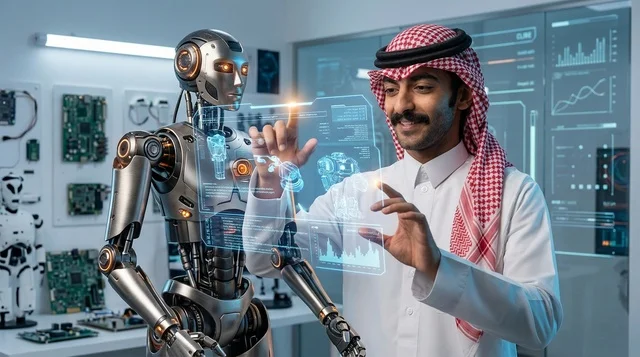 مهندس سعودي يتفاعل مع روبوت بشري في مختبر تقني متطور