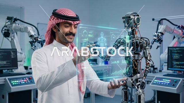 مهندس سعودي يتفاعل مع روبوت آلي وشاشة هولوغرام ذكية