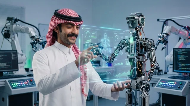 مهندس سعودي يتفاعل مع روبوت آلي وشاشة هولوغرام ذكية