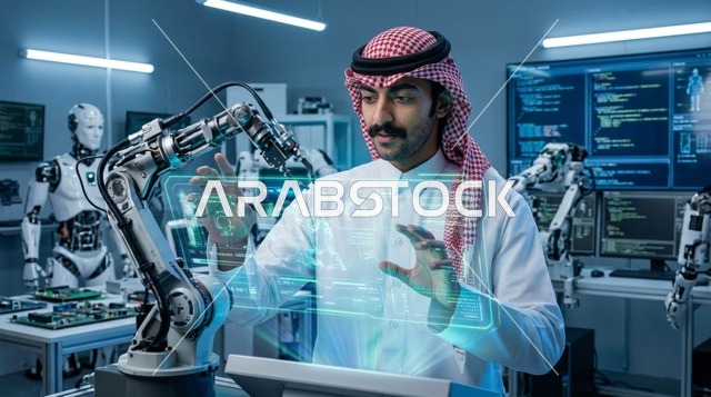 مهندس سعودي يشغل ذراع روبوتية ذكية في مختبر متطور