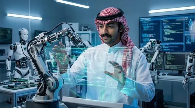 مهندس سعودي يشغل ذراع روبوتية ذكية في مختبر متطور