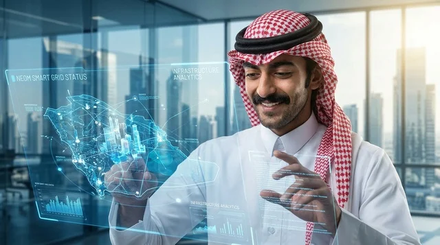 رجل أعمال سعودي يتفاعل مع خريطة هولوغرام المستقبل
