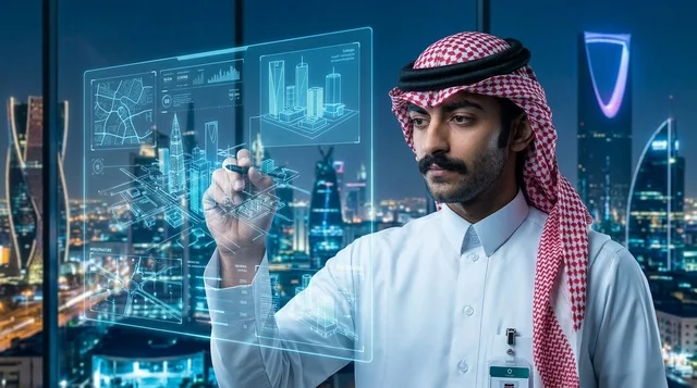 رجل أعمال سعودي مع شاشة هولوغرام في أفق الرياض ليلا