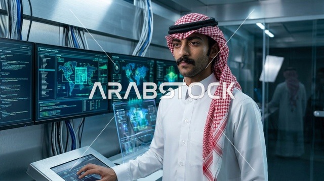 مهندس تقني سعودي بالزي التقليدي في غرفة تحكم متطورة