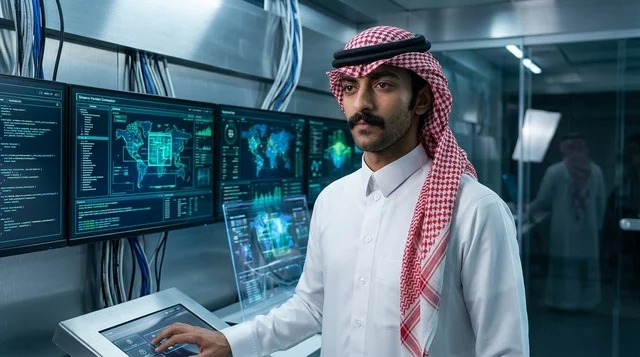 Saudi IT Engineer in High Tech Server Control Room