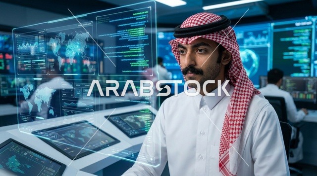 رجل سعودي في مركز الأمن السيبراني مع شاشات هولوغرام