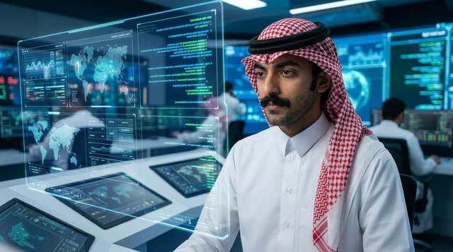 Saudi Man in Tech Control Room with Hologram Screens