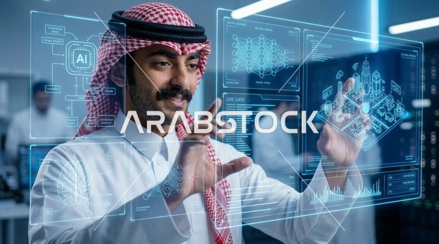 رجل سعودي يتفاعل مع واجهة ذكاء اصطناعي متطورة