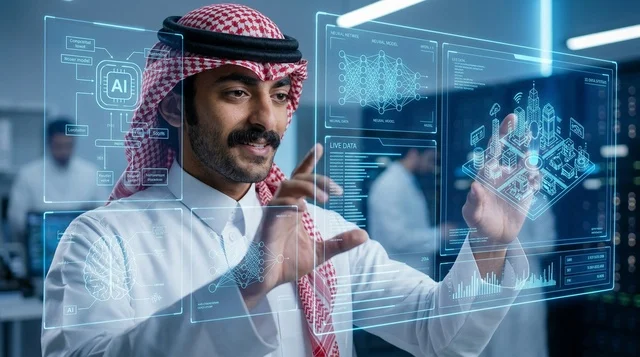 رجل سعودي يتفاعل مع واجهة ذكاء اصطناعي متطورة