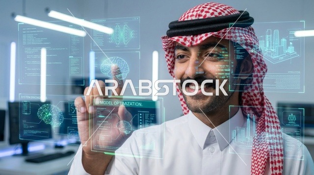 رجل سعودي يرتدي الزي التقليدي يتفاعل مع شاشة هولوغرام