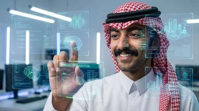 رجل سعودي يرتدي الزي التقليدي يتفاعل مع شاشة هولوغرام