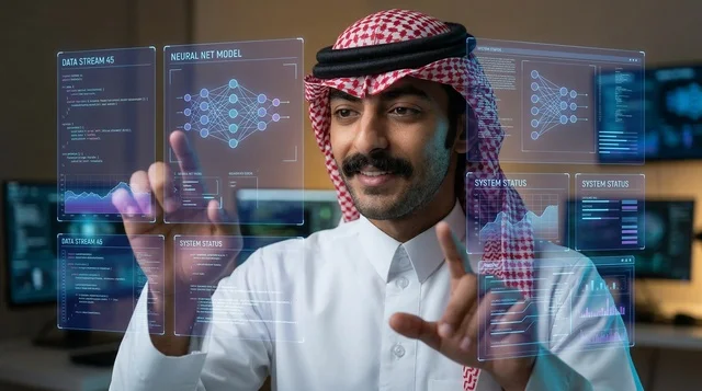 رجل سعودي يرتدي الثوب التقليدي يتفاعل مع شاشات هولوغرام