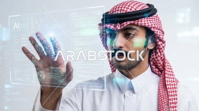 رجل سعودي يتفاعل مع شاشة ذكاء اصطناعي هولوغرافية ذكية