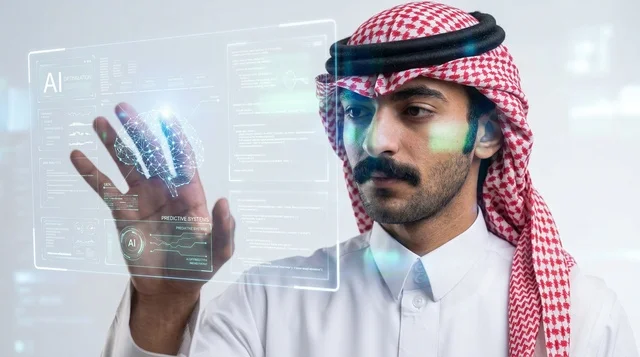 Saudi Man Interacting with Futuristic AI Hologram Screen