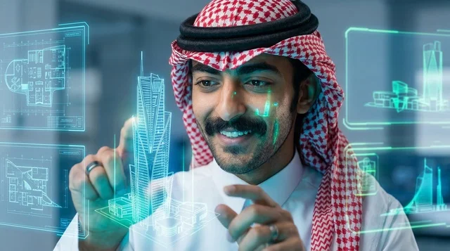 رجل أعمال سعودي يتفاعل مع مجسم هولوغرام لمعمار حديث