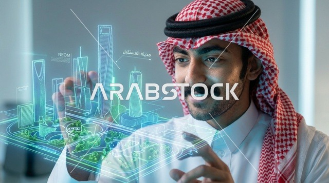 رجل سعودي يتفاعل مع هولوغرام ثلاثي الأبعاد لمدينة نيوم