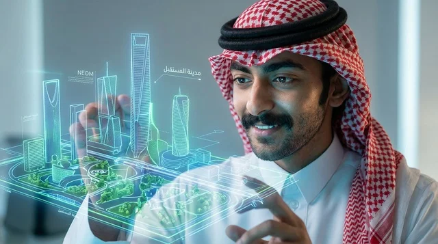 رجل سعودي يتفاعل مع هولوغرام ثلاثي الأبعاد لمدينة نيوم