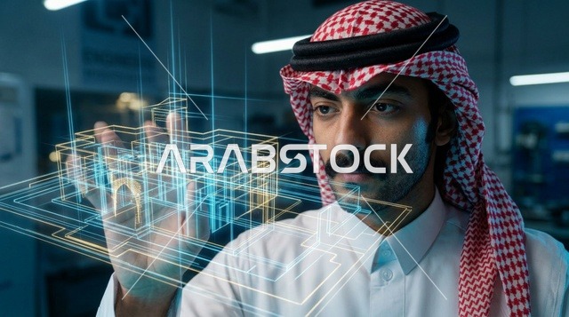مهندس سعودي يتفاعل مع مخطط هولوغرام ثلاثي الأبعاد