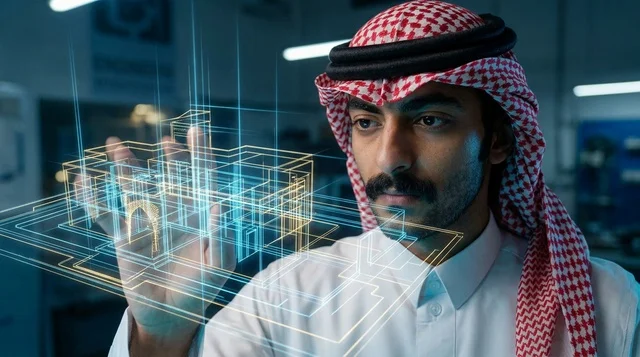 مهندس سعودي يتفاعل مع مخطط هولوغرام ثلاثي الأبعاد