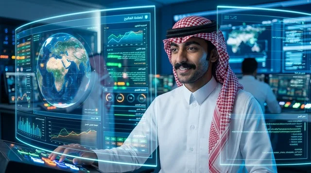 رجل سعودي بالزي التقليدي يعمل في غرفة تحكم ذكية متطورة