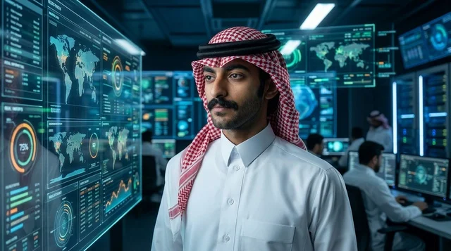 Saudi Man in Traditional Shemagh in Tech Control Room