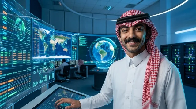 مهندس سعودي بالزي التقليدي داخل غرفة تحكم البيانات