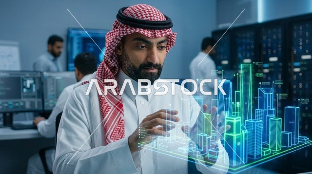 Saudi Engineer Interacting with Futuristic Smart City Hologram