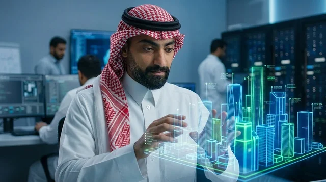 Saudi Engineer Interacting with Futuristic Smart City Hologram
