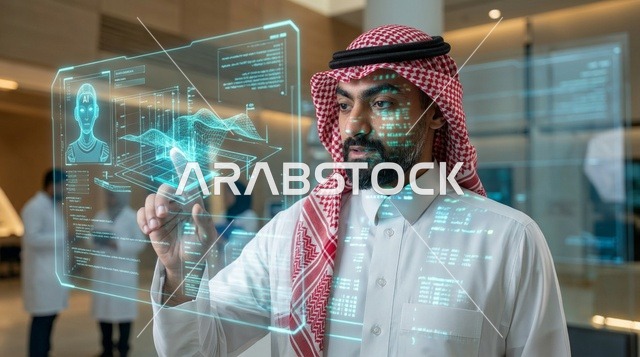 عالم سعودي يتفاعل مع شاشة هولوغرام في مختبر تقني