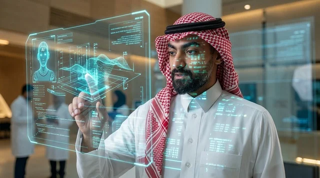 عالم سعودي يتفاعل مع شاشة هولوغرام في مختبر تقني