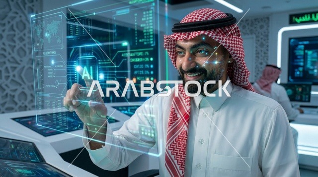 رجل سعودي يتفاعل مع شاشة ذكاء اصطناعي في غرفة تحكم