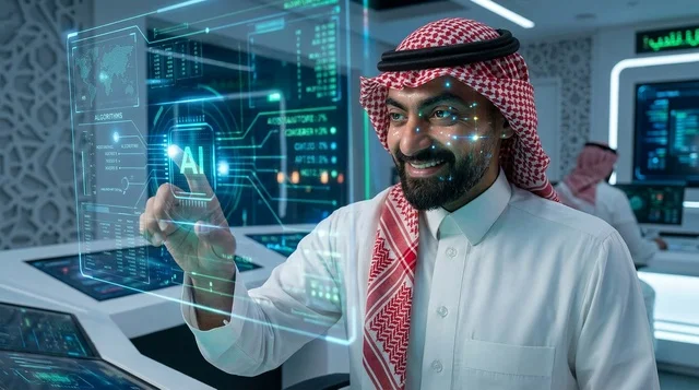 رجل سعودي يتفاعل مع شاشة ذكاء اصطناعي في غرفة تحكم