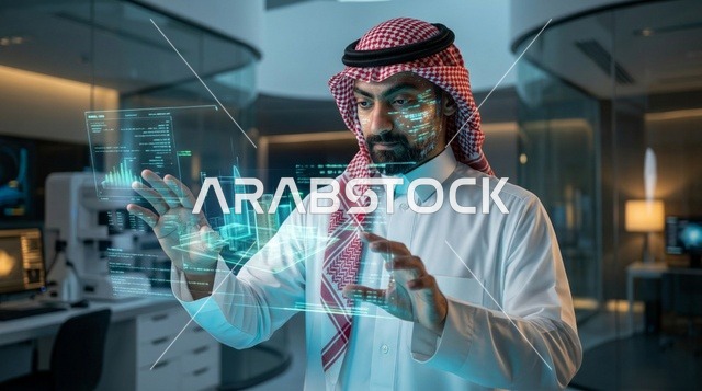 رجل أعمال سعودي يتفاعل مع شاشات الهولوغرام الذكية