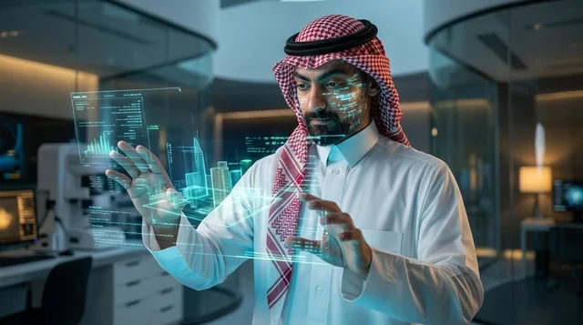 رجل أعمال سعودي يتفاعل مع شاشات الهولوغرام الذكية