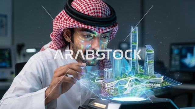 رجل سعودي يتفاعل مع مجسم هولوغرام لمدينة مستقبلية