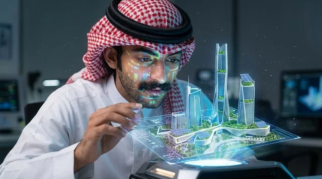 رجل سعودي يتفاعل مع مجسم هولوغرام لمدينة مستقبلية