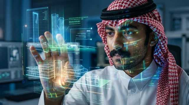 Saudi Man in Traditional Attire with Smart City Hologram